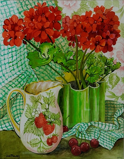 Red geranium with the strawberry jug and cherries von Joan  Thewsey