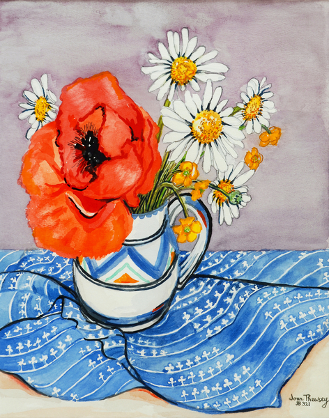 Red Oriental Poppy and Marguerites in a Honiton Jug von Joan  Thewsey