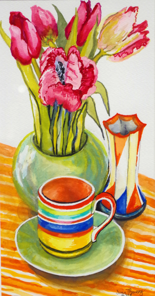 Striped Cup with Saucer, Vase and Tulips von Joan  Thewsey