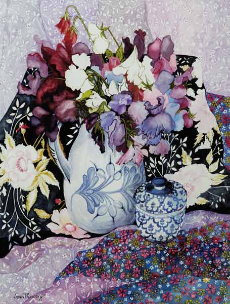 Sweet peas in a blue and white jug with blue and white pot and textiles von Joan  Thewsey