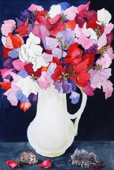 Sweet Peas in a White Jug with Shell and Feather 2011