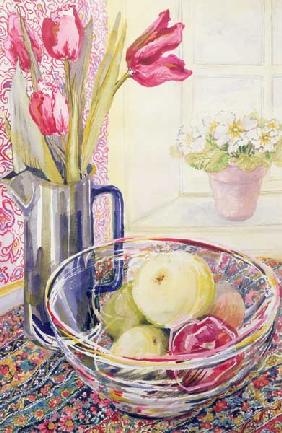 Tulips with Fruit in a Glass Bowl (w/c) 
