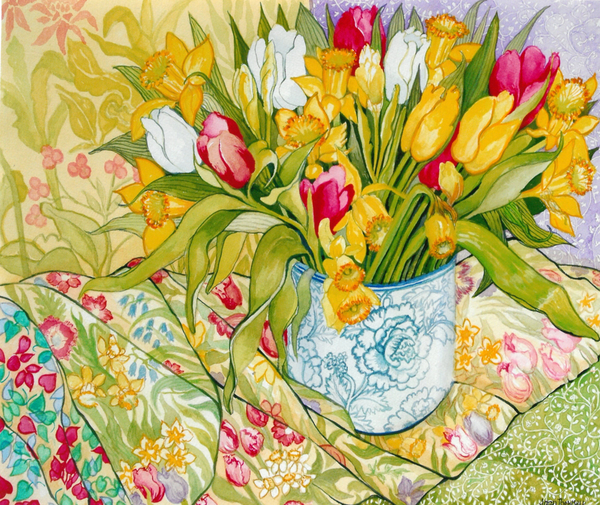 Tulips and Daffodils with Patterned Textiles von Joan  Thewsey