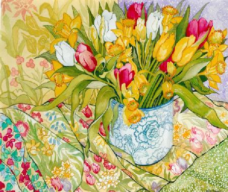 Tulips and Daffodils with Patterned Textiles 2000