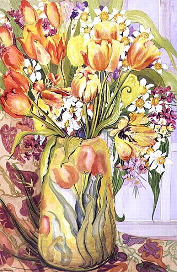 Tulips and Narcissi in an Art Nouveau Vase (w/c on paper)  von Joan  Thewsey