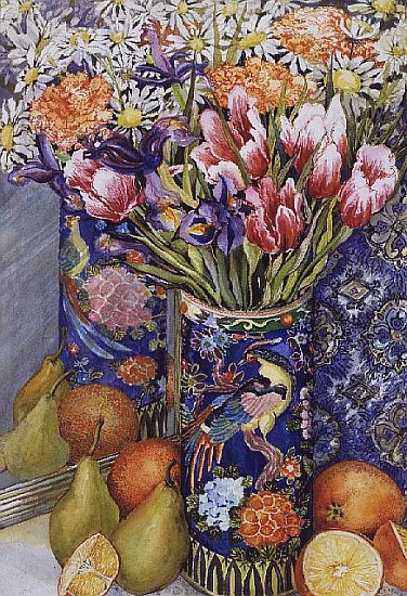 Tulips in a Japanese Vase with Fruit (w/c)  von Joan  Thewsey