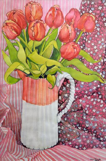 Tulips in a Pink and White Jug 2005