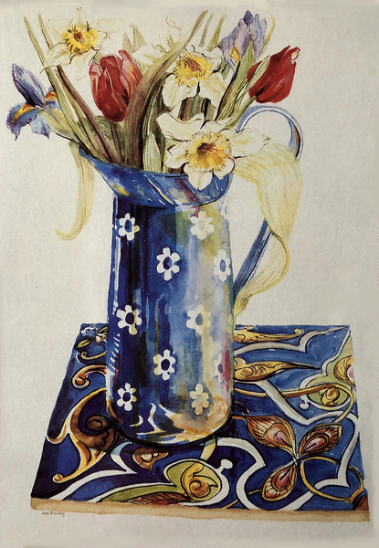 Tulips, Iris and Narcissus in a Blue Enamel Jug with an Italian Tile von Joan  Thewsey