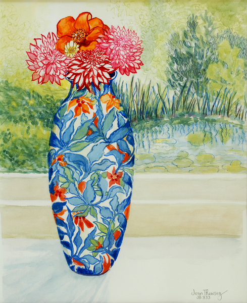 Vase with Dahlias and View of the Pond von Joan  Thewsey