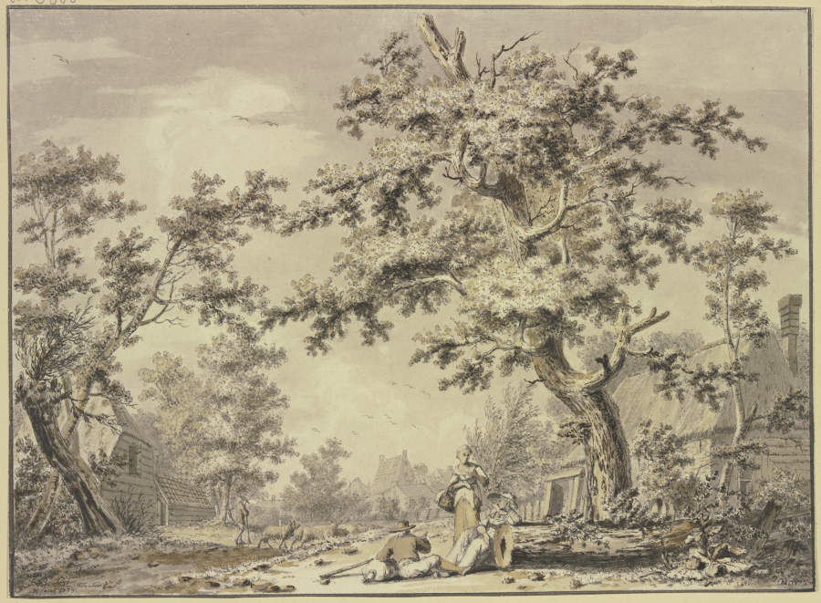 Unter einem Baum zwei Frauen und ein Bauer mit einem Sack von Johan Bernhard Brandhoff