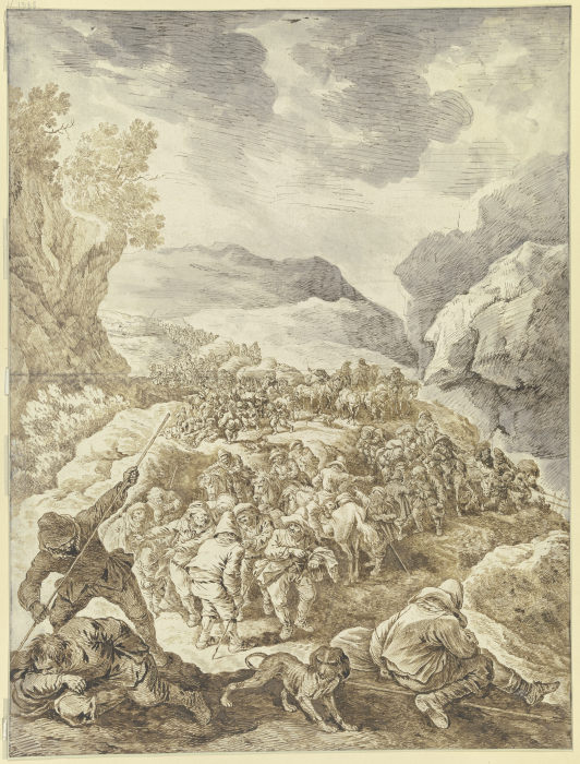 Ein großer Zug von Männern zu Fuß und zu Pferde durch eine Felsschlucht von Johann Albrecht Dietzsch