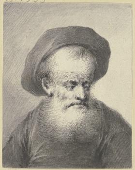 Brustbild eines weißbärtigen Mannes mit Kappe, leicht nach rechts gewandt