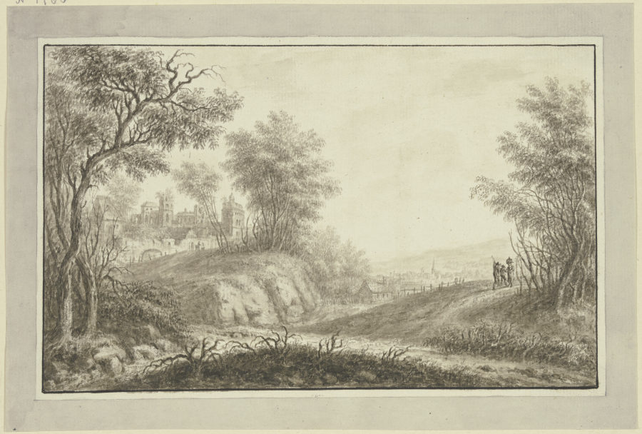 Waldweg, links Durchblick auf eine Schloßruine, rechts in der Ferne ein Städtchen von Johann Caspar Zehender