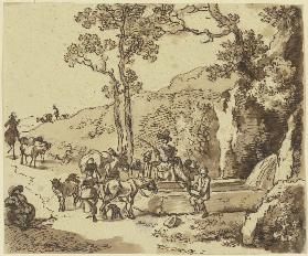 Hirtenszene an einem Brunnen, Schafe und Maulesel nähern sich der Tränke, an der eine Reiterin ihr P