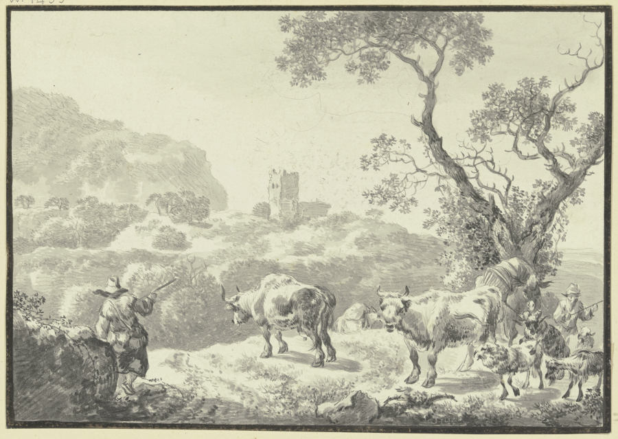 Landschaft mit einer Burgruine, zwei Hirten führen ihre Viehherde von rechts herbei von Johann Christian Klengel