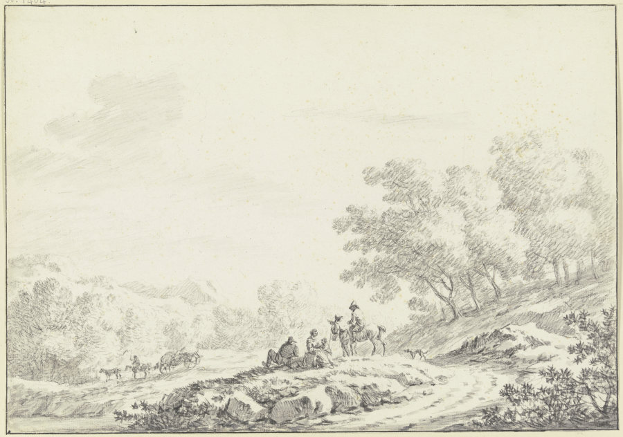 Hügelige bewaldete Landschaft, im Vordergrund neben einem Weg eine Gruppe von ruhenden Landleuten mi von Johann Christoph Dietzsch