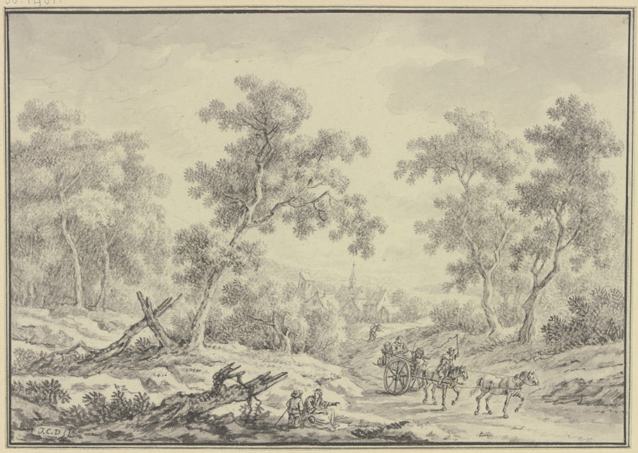 Waldlichtung mit Durchblick auf Häuser und ein Kirchlein, auf dem Weg vorne eine sitzende Frau mit e von Johann Christoph Dietzsch