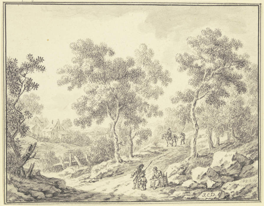 Waldweg, links Durchblick auf ein Gehöft, im Vordergrund eine sitzende Frau mit einer Kiepe und ein  von Johann Christoph Dietzsch