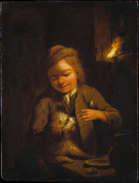 Ein Knabe neckt einen Hund bei Kienspanlicht von Johann Conrad Seekatz
