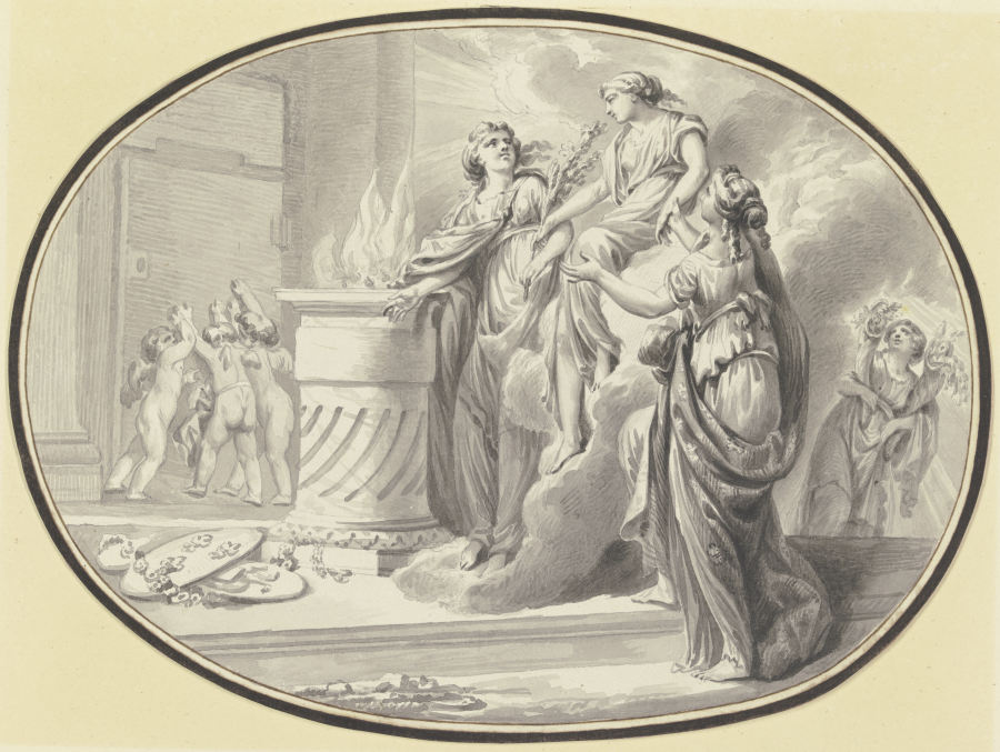 Eine Vestalin zwischen zwei Gefährtinnen vor einem Altar von einer Wolke herabsteigend, im Hintergru von Johann Eleazar Schenau
