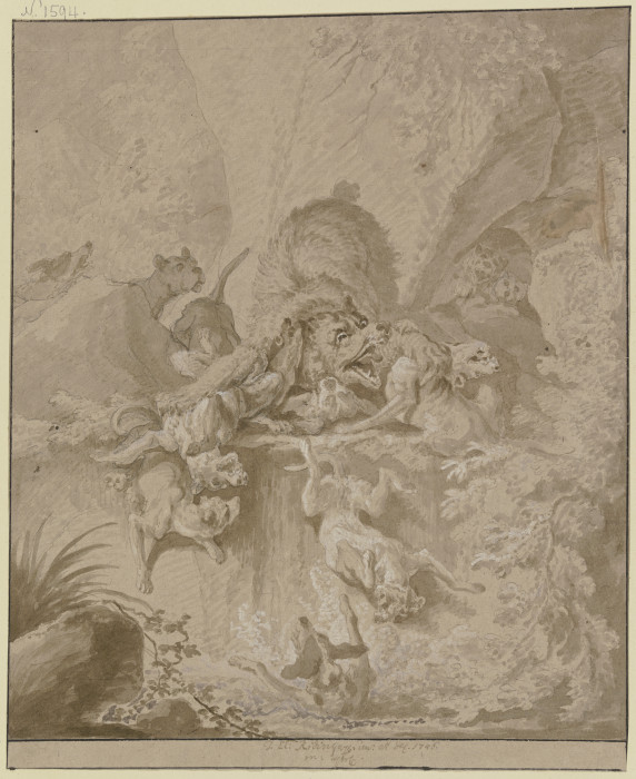 Ein Bär in einer Schlucht von einem Rudel Hunde gestellt von Johann Elias Ridinger