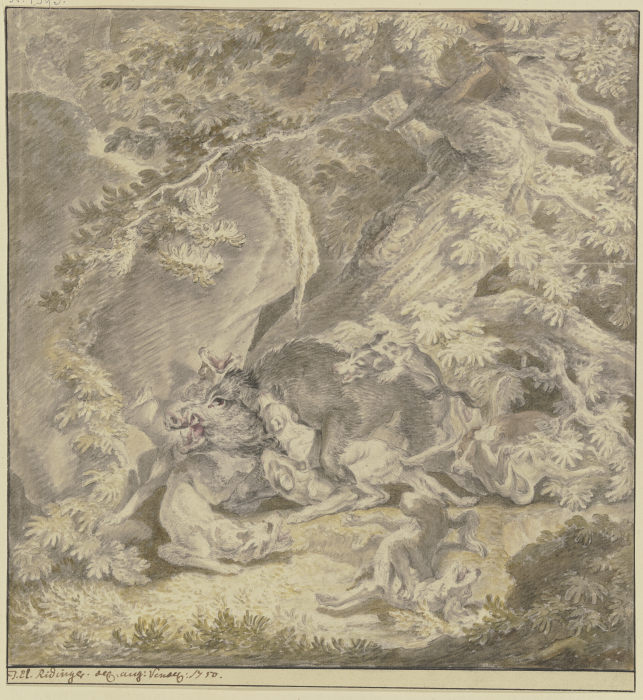 Ein Eber von sieben Hunden im Wald bei einem Felsen gestellt von Johann Elias Ridinger