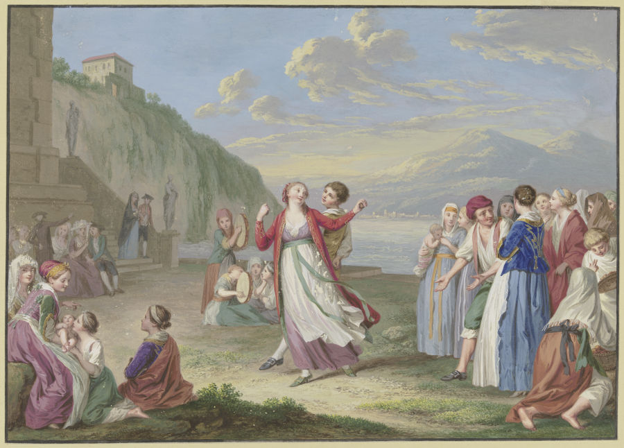 Italienische Landleute unterhalten sich am Seeufer mit Spiel und Tanz, im Hintergrund hohe Berge von Johann Friedrich August Tischbein