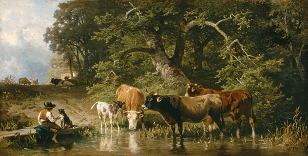 Hirtenjunge mit Kühen an der Tränke von Johann Friedrich Voltz