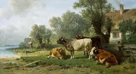 Hüterbub mit Kühen am See-Ufer 1881
