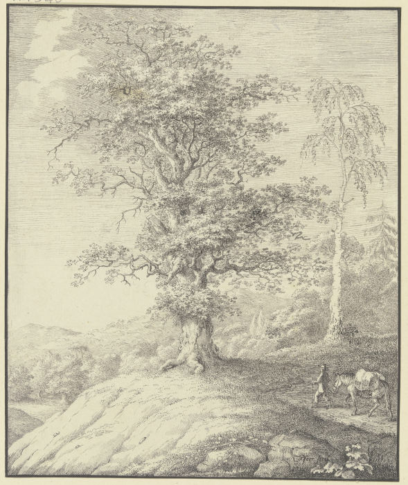 Eichbaum und Birke auf einer Anhöhe, von rechts führt ein Mann ein bepacktes Pferd herbei von Johann Georg Pforr