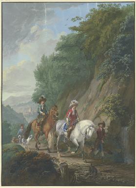 Ein rotgekleideter Kavalier auf einem Schimmel mit Gefolge reitet auf einem steilen Bergweg über ein