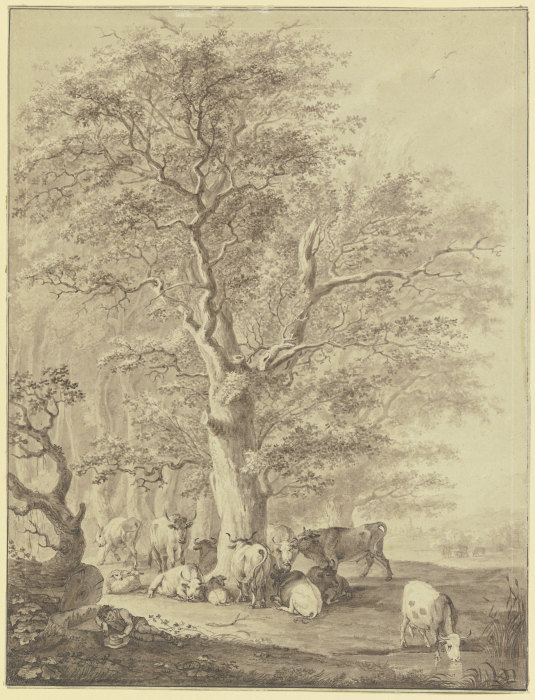 Rinderherde mit zwei Schafen und dem Hirten unter einer Eiche rastend von Johann Georg Pforr