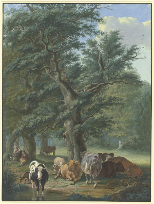 Unter einen großen Eiche ruht Vieh, in der Ferne ein Reh, links bringt eine Frau dem Hirten das Esse von Johann Georg Pforr