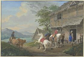 Zwei Reiter mit einem Packpferd halten vor einem Bauernhaus