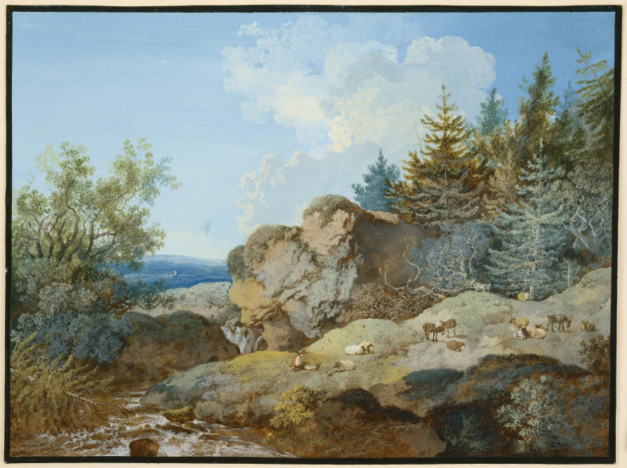 Waldlandschaft im Gebirge mit Herde und Gewässer von Johann Georg Wagner