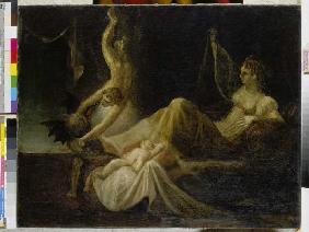 Siglinde, die Mutter Siegfrieds, erwacht durch den Streit des guten und des böse Genius um ihren kle 1809/1814