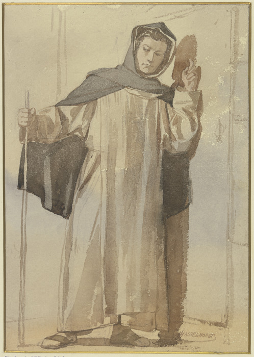 Mönch an einer Türe klopfend von Johann Heinrich Hasselhorst