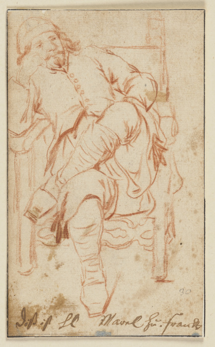 Ein Mann mit übereinandergeschlagenen Beinen auf einem Stuhl sitzend von Johann Heinrich Roos