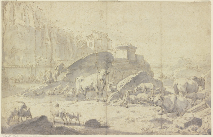 Herde von Ziegen, Schafen, Kühen und Pferden in einer italienischen Berglandschaft mit Ruinen von Johann Heinrich Roos