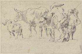 Hirte, der einen Esel besteigt, mit zwei Schafen und einer Kuh, rechts Skizze eines Hirtenbuben