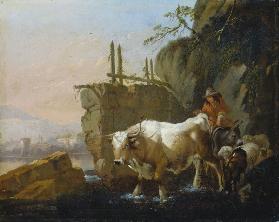 Hirten mit Vieh an einer Furt