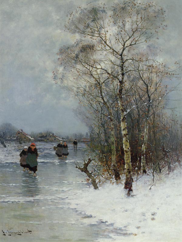 Girls Walking on a Frozen River von Johann II Jungblut