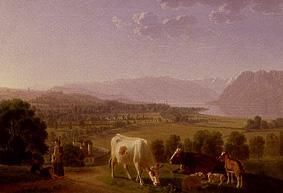 Bauersleute mit Rindern in der Nähe von Lausanne von Johann Jakob Biedermann