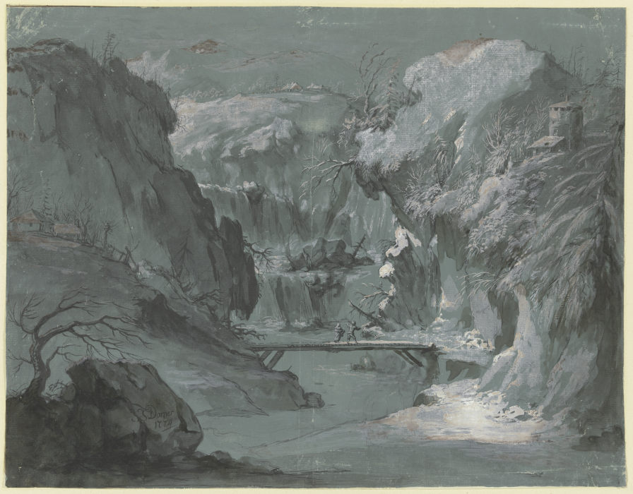 Tiefe Gebirgsschlucht mit einem Wasserfall, in der Mitte ein Steg, über den zwei Personen gehen von Johann Jakob Dorner d. Ä.