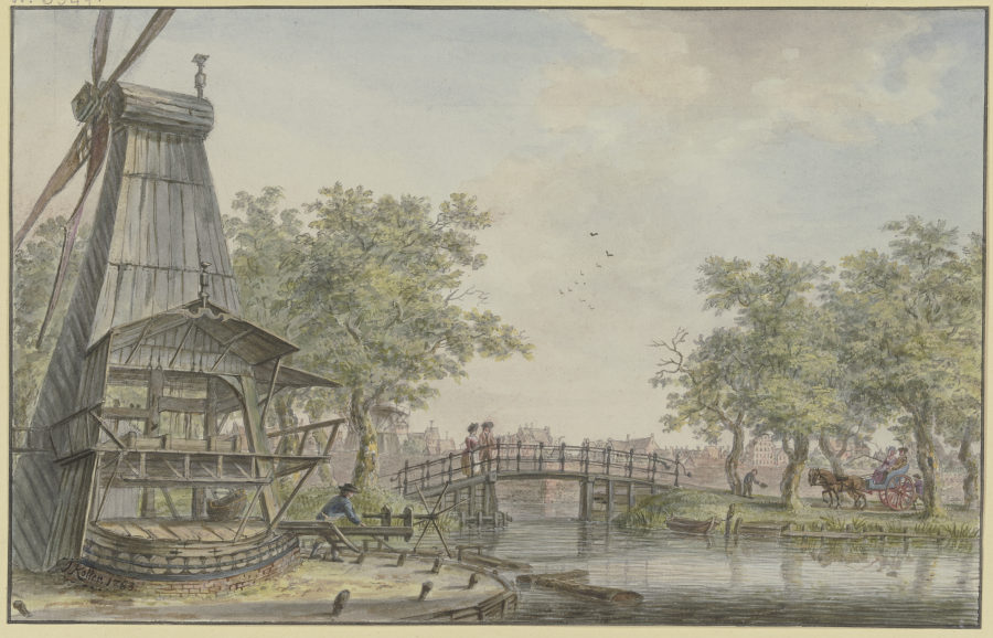 Holländische Landschaft an einem Kanal, über den eine Brücke führt von Johann Jakob Koller