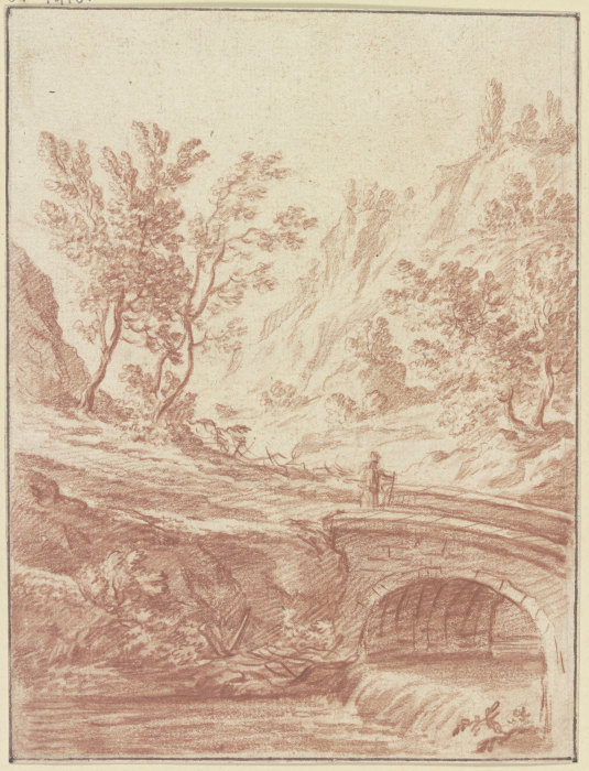 Baumbestandenes Tal, im Vordergrund ein Bach, über den eine Brücke führt von Johann Ludwig Ernst Morgenstern
