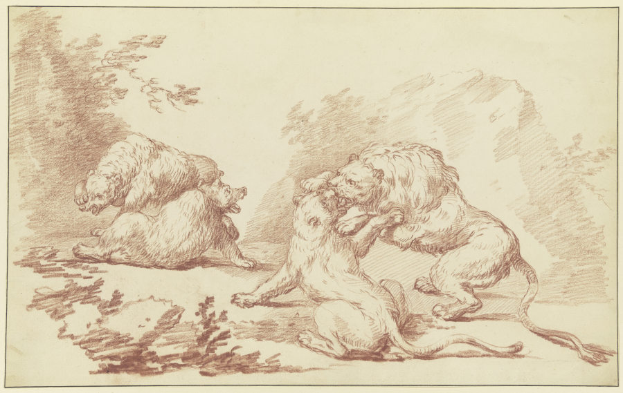 Zwei kämpfende Löwen und zwei kämpfende Bären von Johann Ludwig von Pfeiff