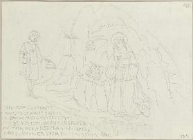 Benedikt von Nursia vom Teufel mit Speisen versehen, in einer kleinen Kapelle auf dem Weg nach Santa