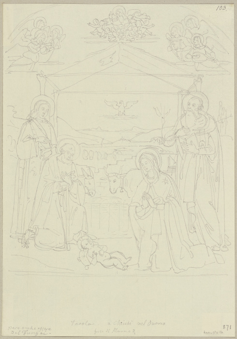 Die Anbetung des Kindes mit dem Heiligen Secondiano und dem Heiligen Hieronymus, nach einem Tafelbil von Johann Anton Ramboux