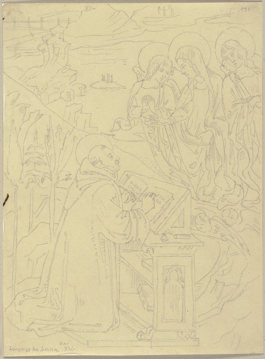 Ein Heiliger am Schreibpult hat eine Vision von der von zwei Engeln begleiteten Maria von Johann Anton Ramboux